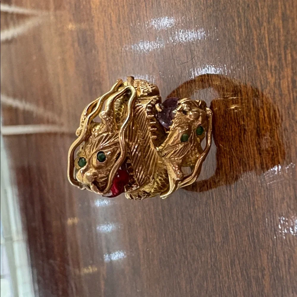 VINTAGE NOSE DRAGON 14K GOLD RING WITH RUBY, EMERALDS & ALEXANDRITE size 9.5